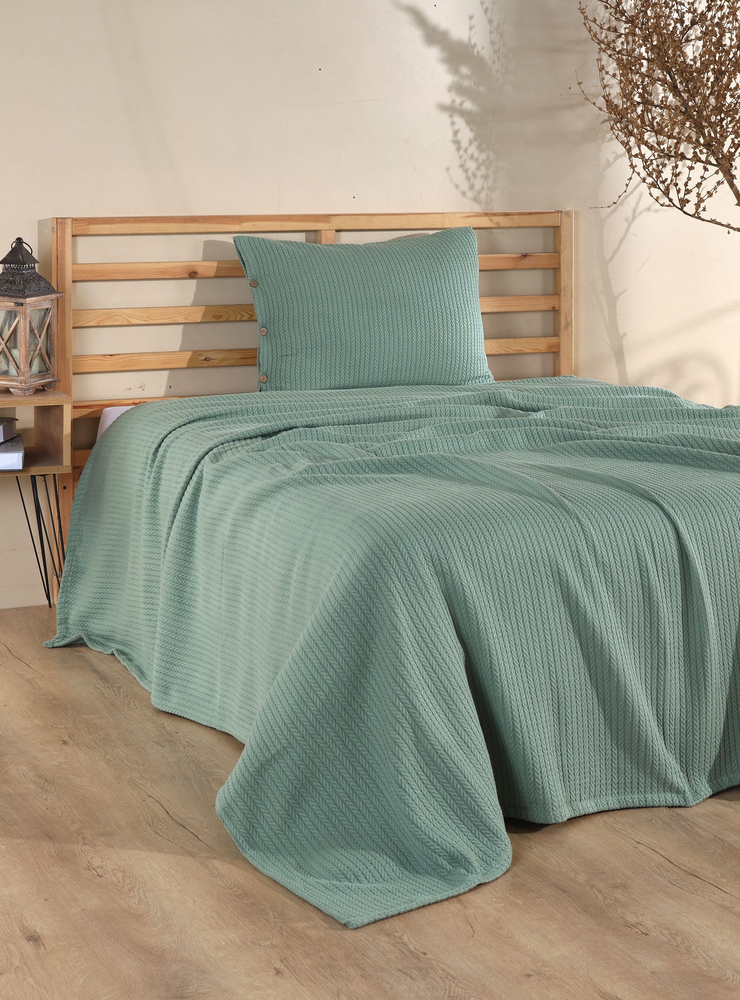 Cottonest Saç Örgü Desen Pike Seti 220x240 | Düğmeli Yastık Kılıfı