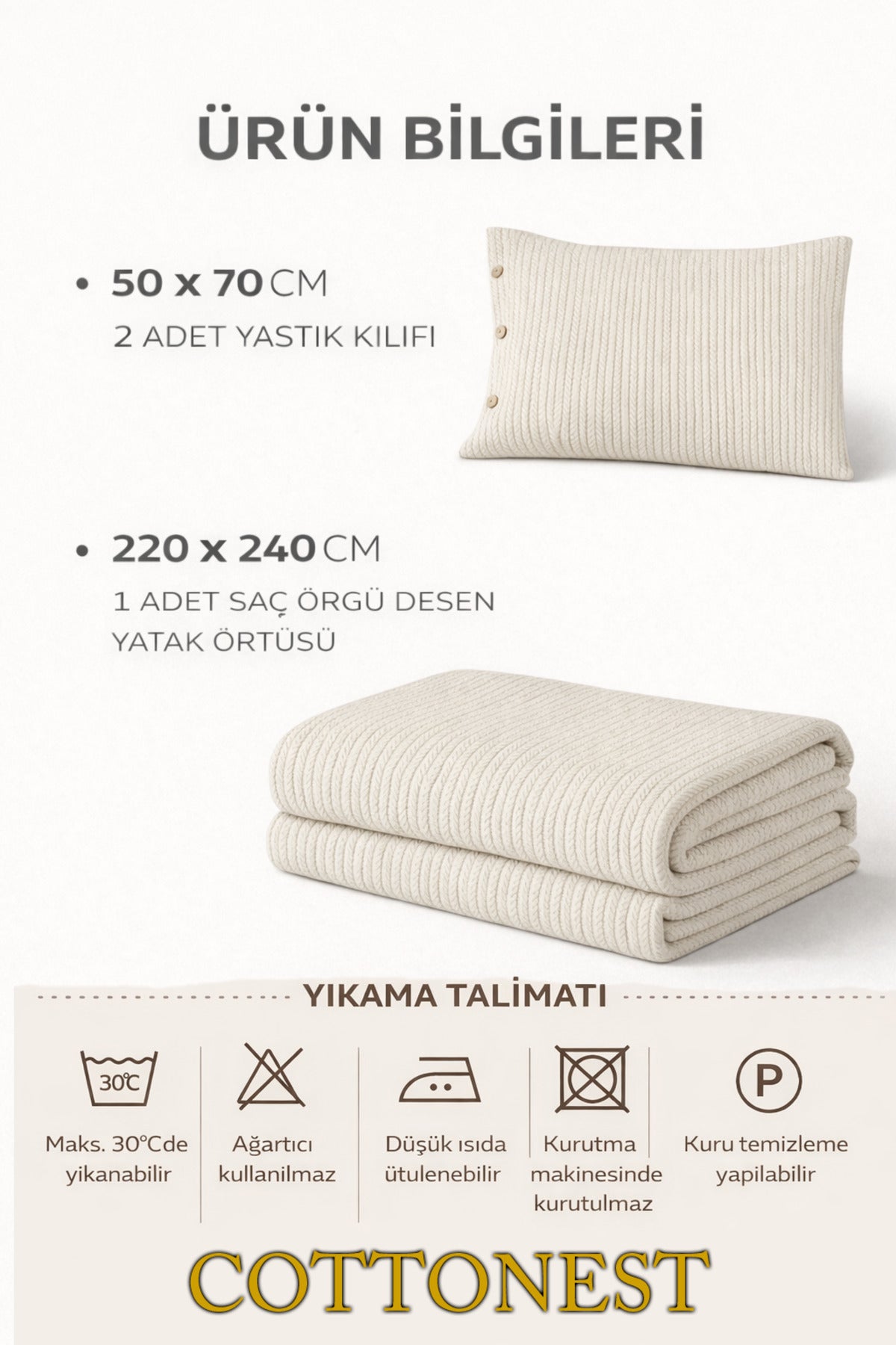 Cottonest Ekru çift kişilik pike seti 220x240 cm
