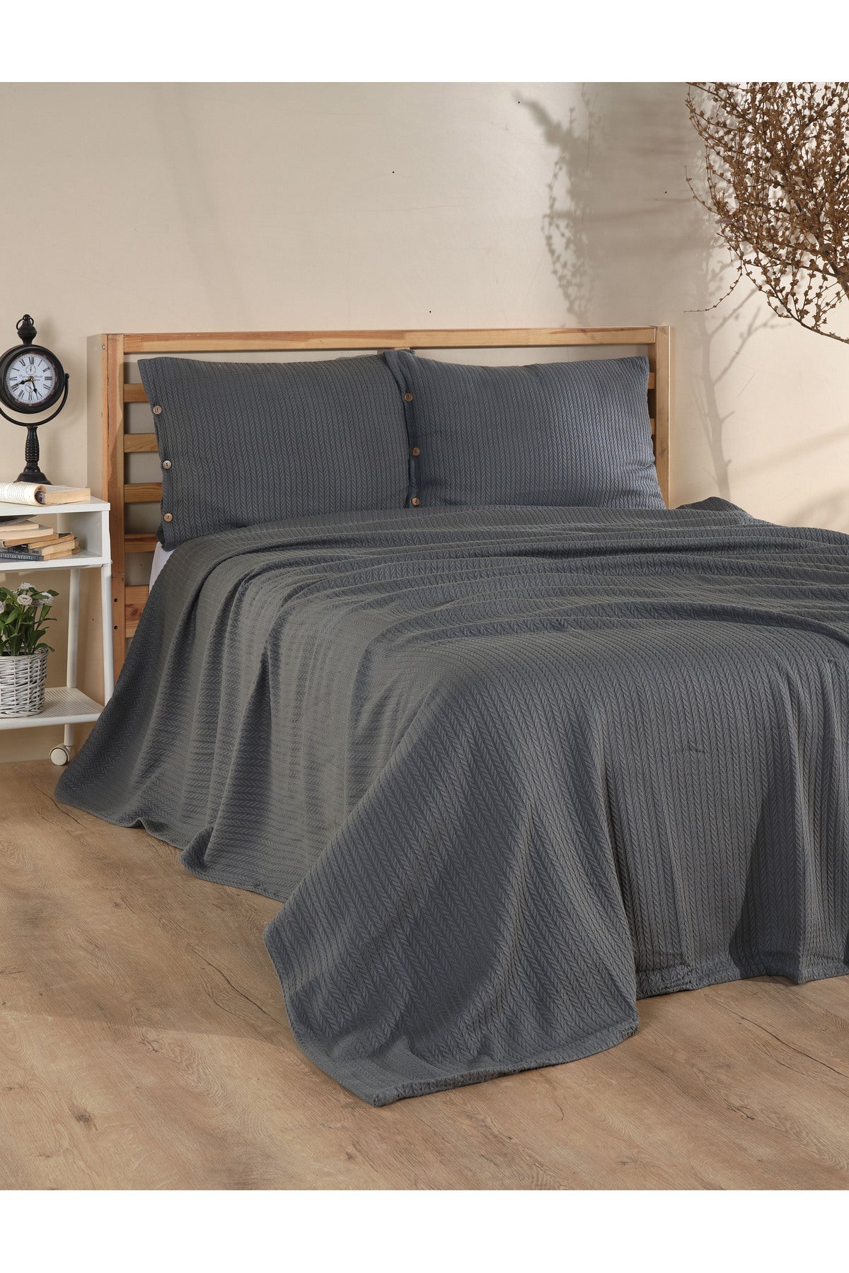 Cottonest Gri çift kişilik pike seti 220x240 cm