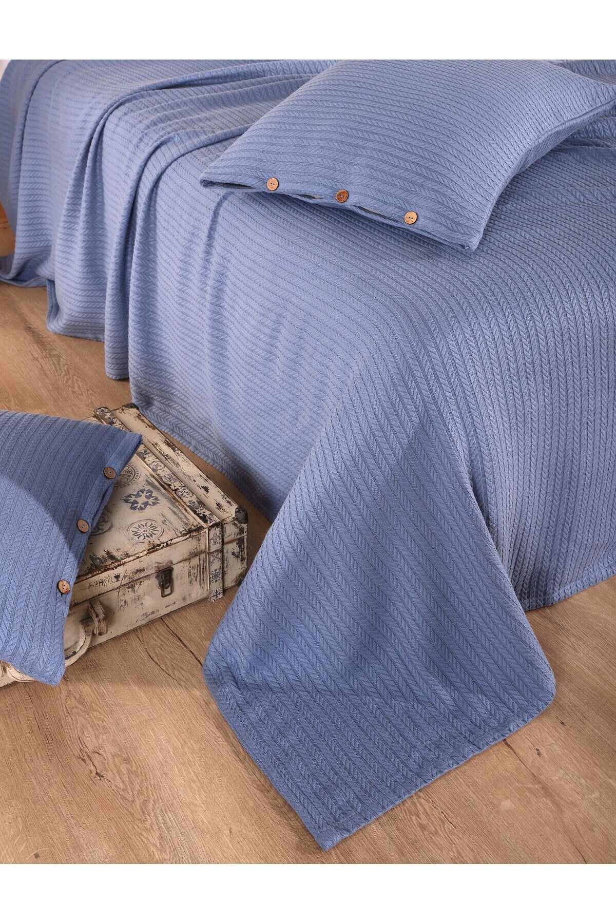 Cottonest Soft Mavi çift kişilik pike seti 220x240 cm