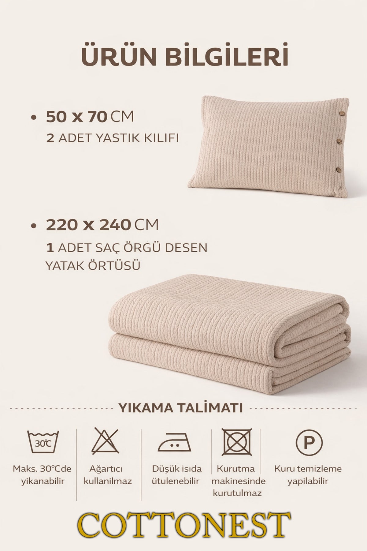 Cottonest Bej çift kişilik pike seti 220x240 cm