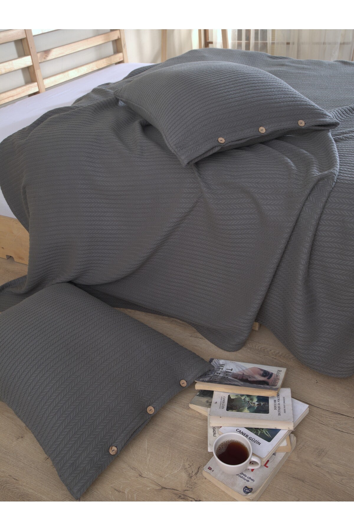 Cottonest Gri çift kişilik pike seti 220x240 cm