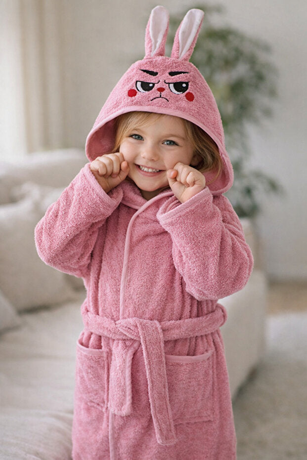 Unisex Çocuk Pembe Tavşan Kapüşonlu Bornoz %70 Pamuklu 1-10 Yaş Yumuşak Dokulu (Kopya)