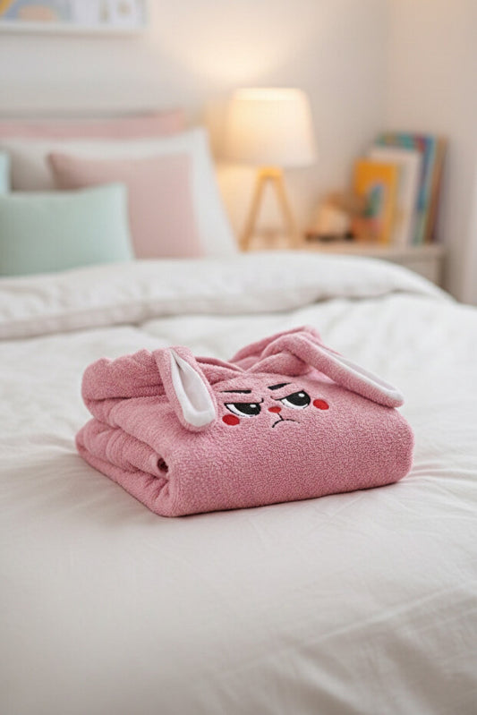 Unisex Çocuk Pembe Tavşan Kapüşonlu Bornoz %70 Pamuklu 1-10 Yaş Yumuşak Dokulu (Kopya)