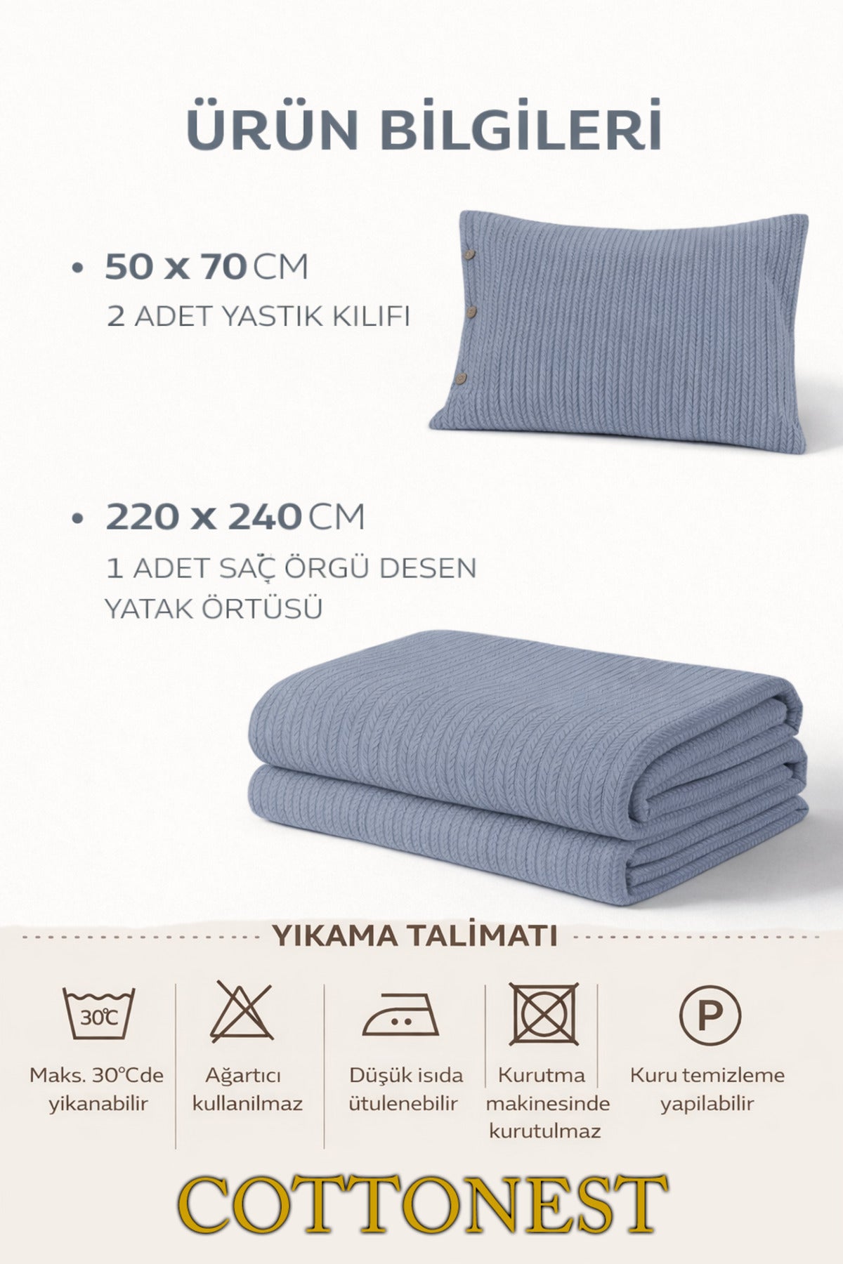 Cottonest Soft Mavi çift kişilik pike seti 220x240 cm
