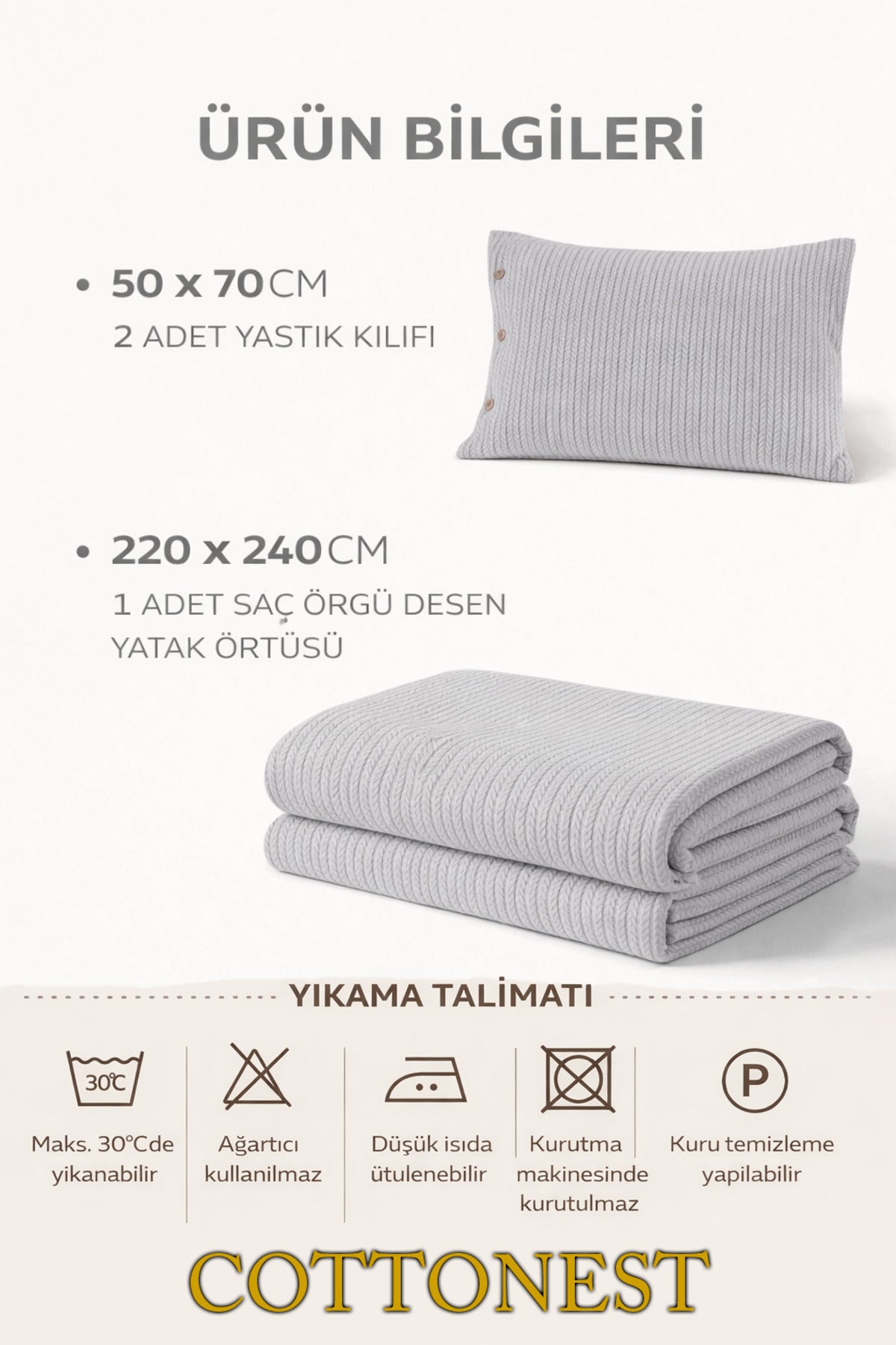 Cottonest Açık Gri çift kişilik pike seti 220x240 cm