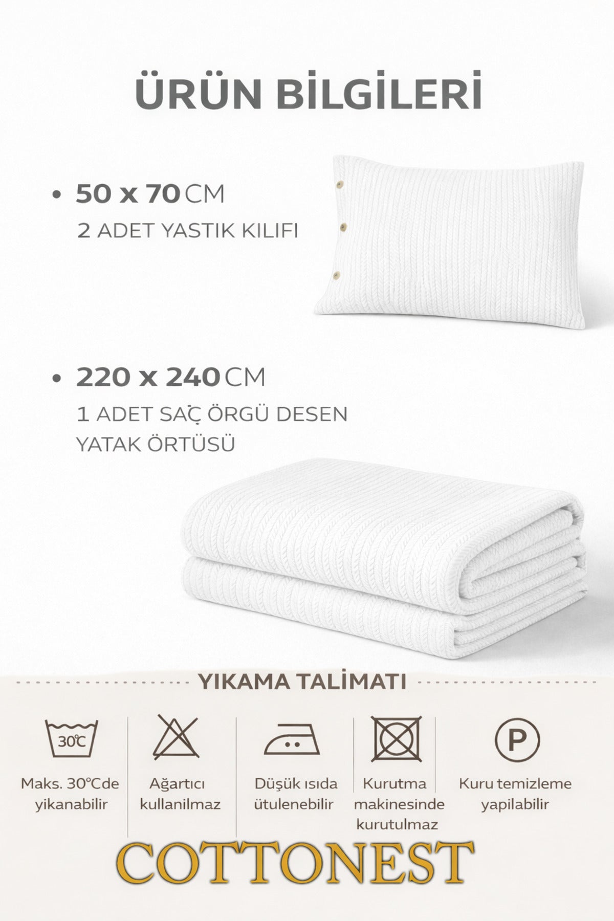Cottonest Beyaz çift kişilik pike seti 220x240 cm
