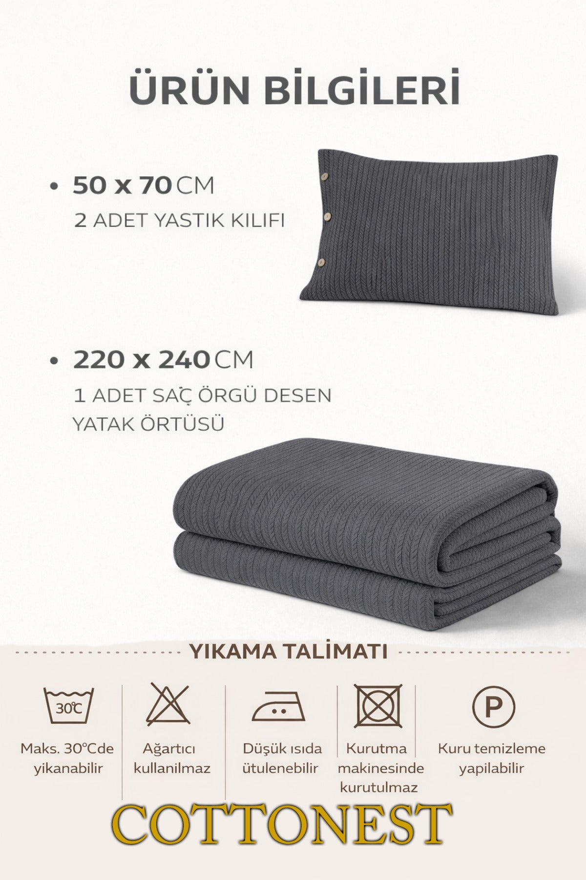 Cottonest Gri çift kişilik pike seti 220x240 cm