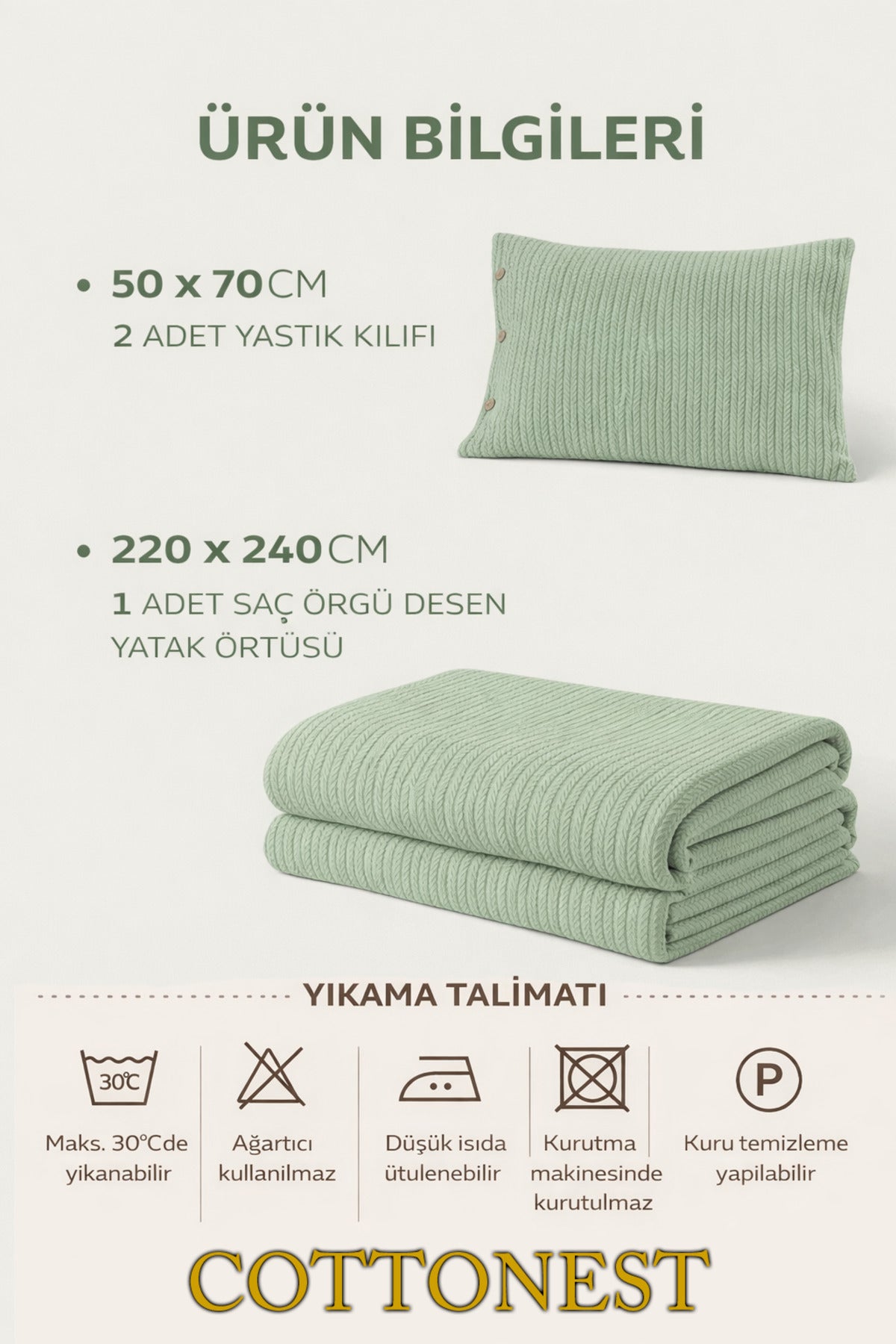 Cottonest Haki-Örgü çift kişilik pike seti 220x240 cm
