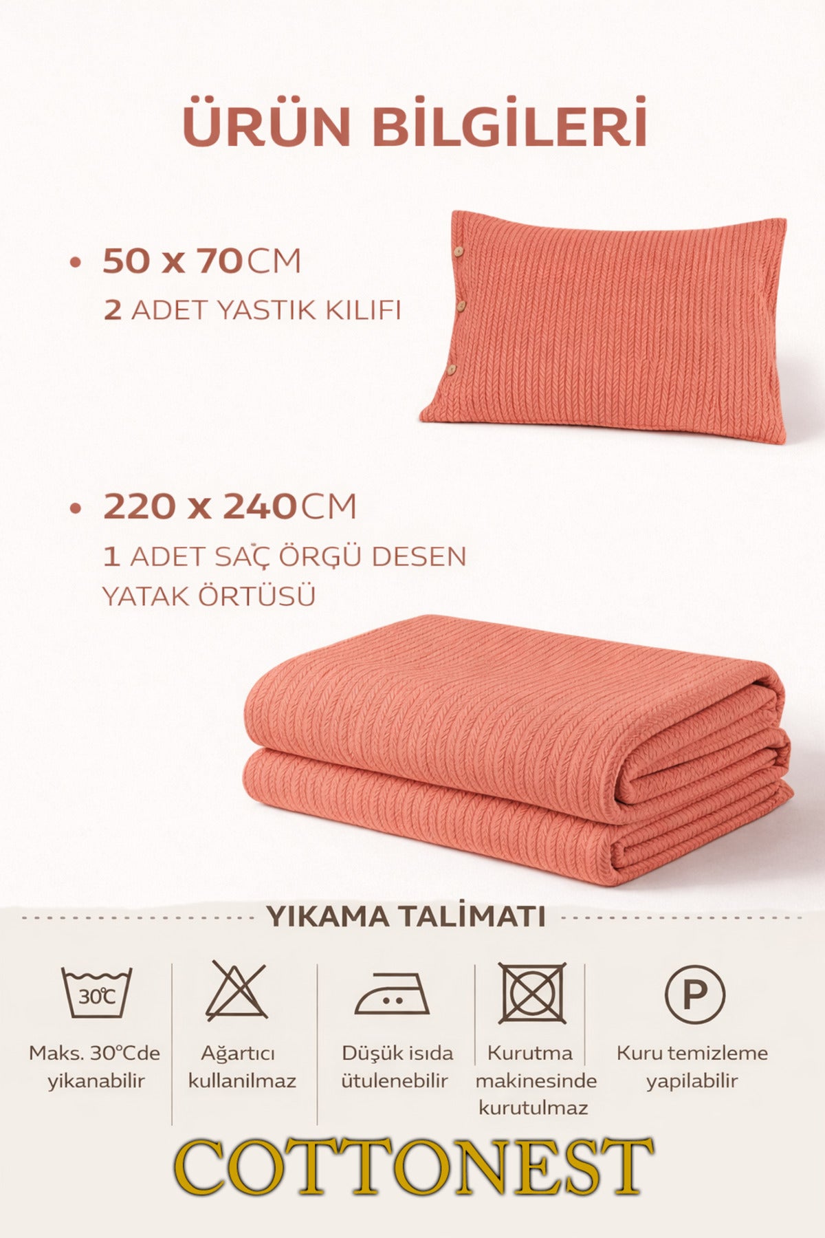 Cottonest Kiremit çift kişilik pike seti 220x240 cm