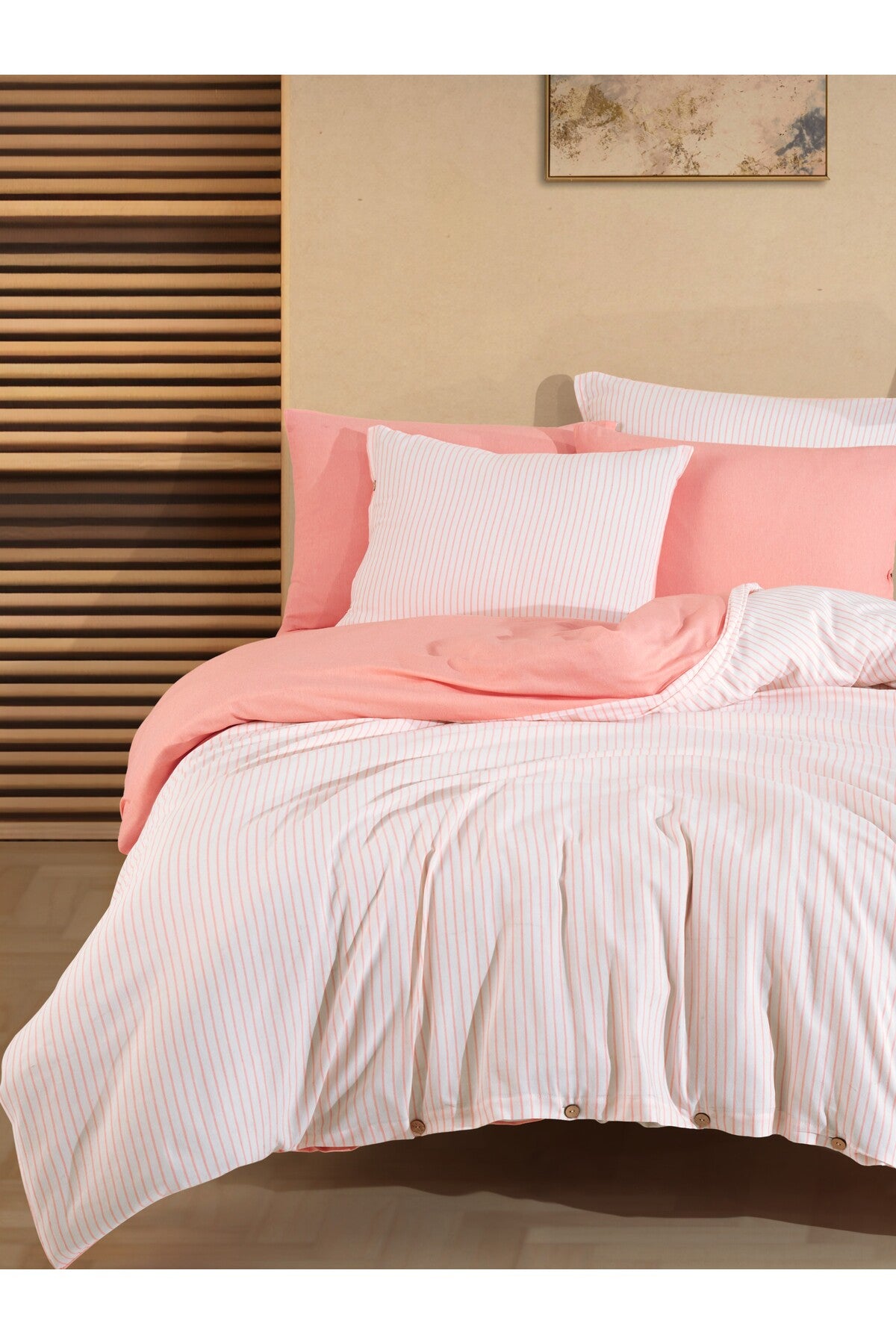 Pamuklu Çizgili Çift Kişilik Nevresim Takımı – Düğmeli Model - Pembe