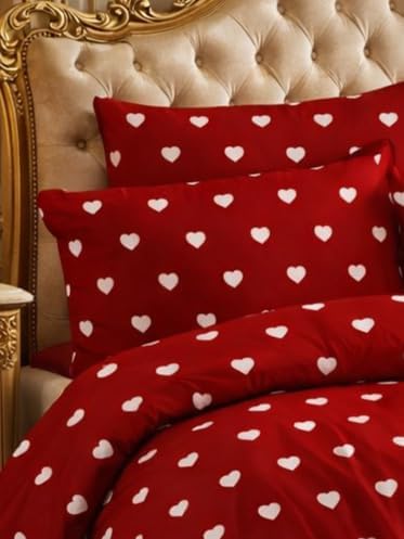 Romantik Kalp Desenli Nevresim Seti–Sevgililer Günü - Günlük - Hediyelik (Kırmızı-Kalpli, Çift Kişilik)