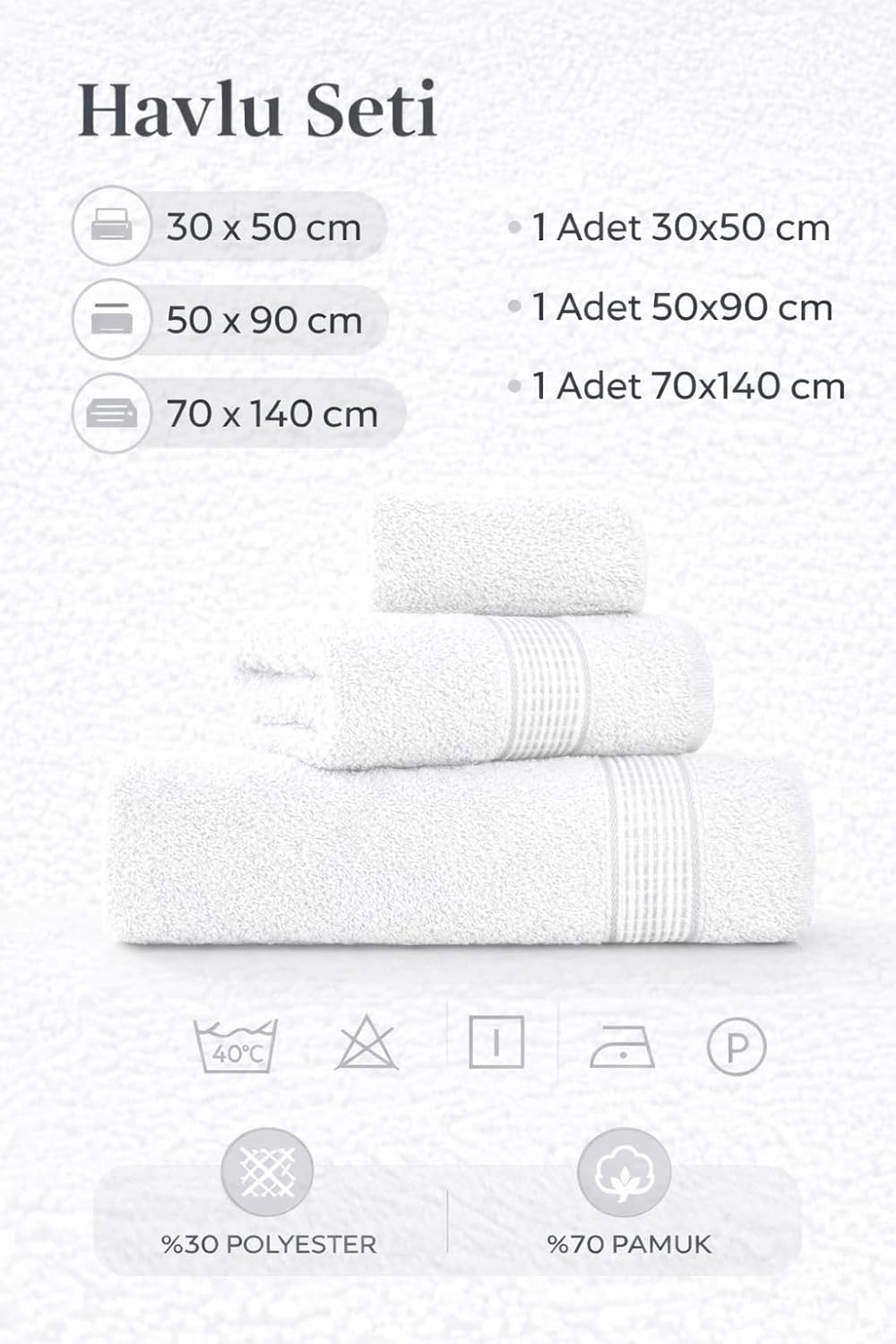 3’lü Havlu Seti – Yüksek Emicili%100 Pamuk Banyo, El ve Yüz Havlusu – Ultra Yumuşak, Modern Desenli, Günlük ve Çeyizlik Kullanım (Beyaz)