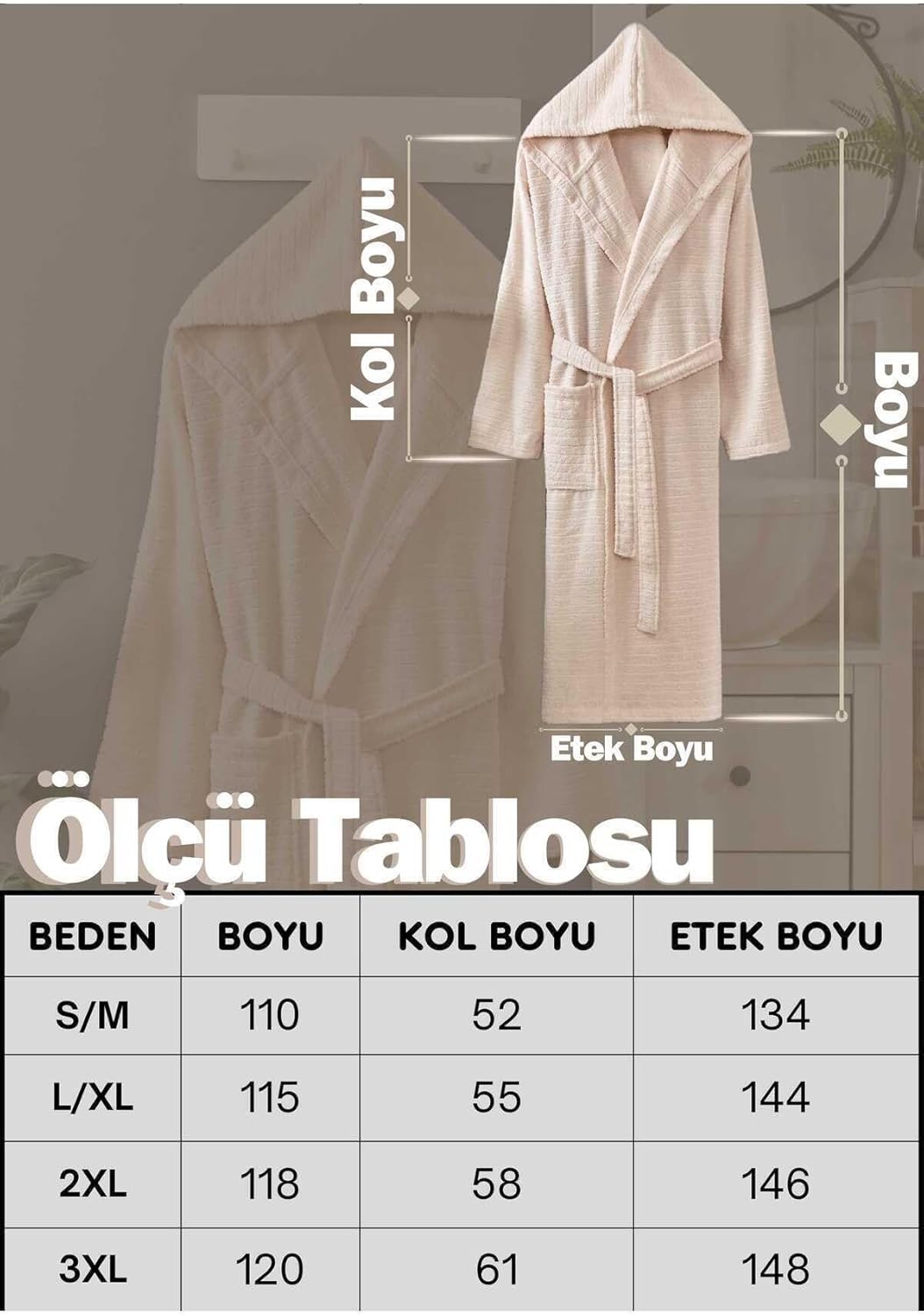 Kapüşonlu Bornoz Pamuk | Unisex | Yumuşak Dokulu | Cepli & Kemerli | S/M – 3XL | Ölçü Tablolu
