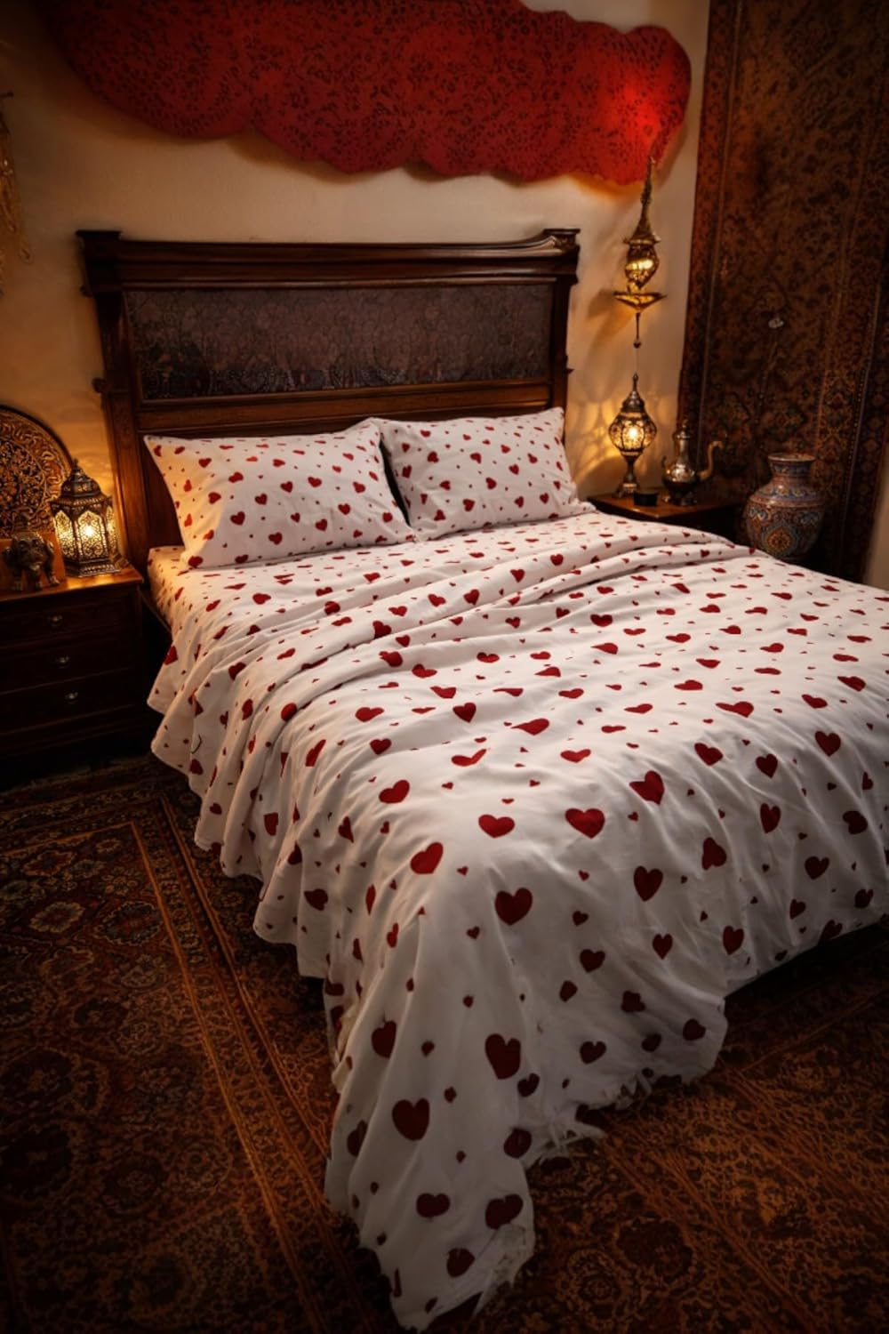 Romantik Kalp Desenli Nevresim Seti–Sevgililer Günü - Günlük - Hediyelik (Kırmızı-Kalpli, Çift Kişilik)