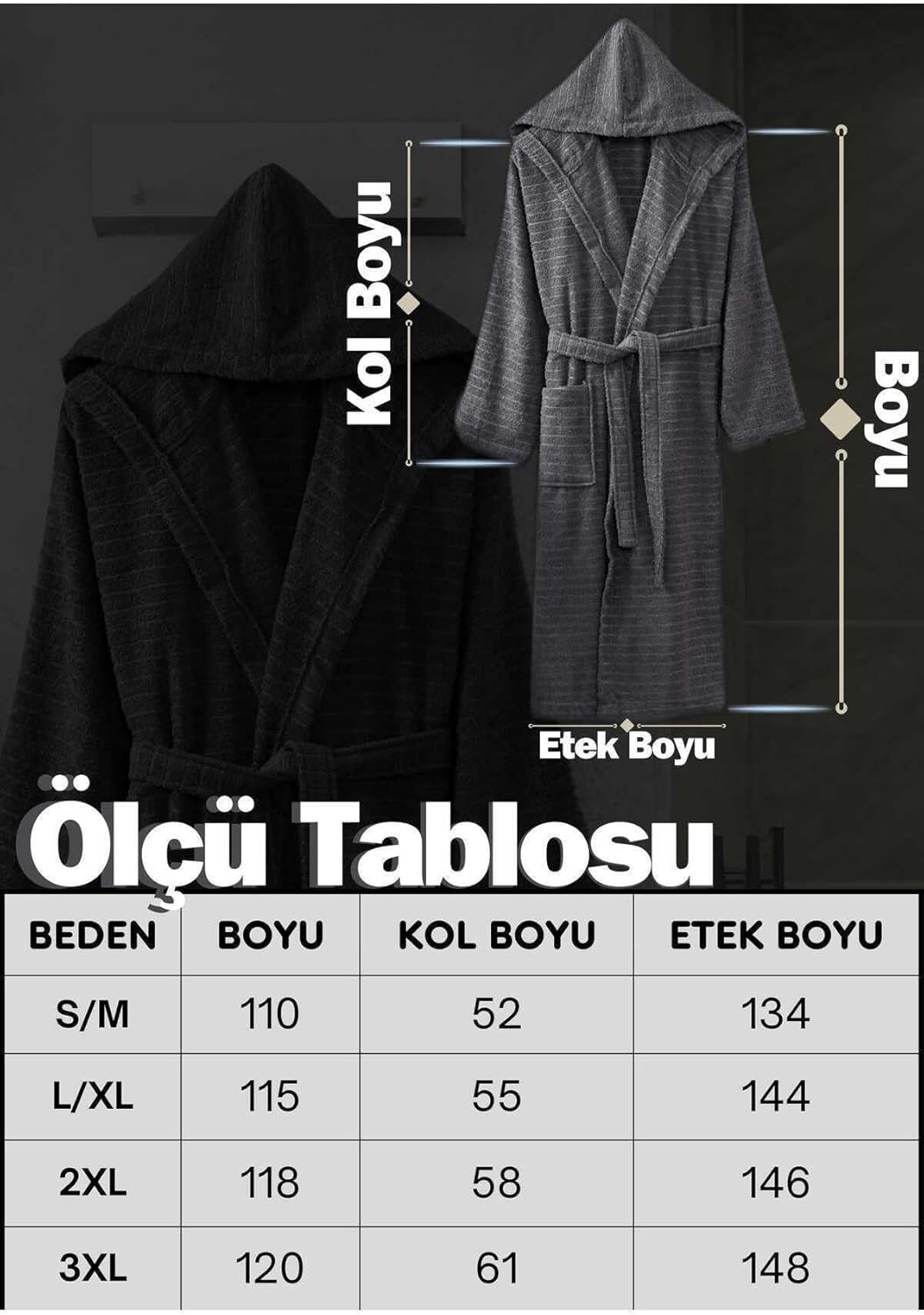 Kapüşonlu Bornoz Pamuk | Unisex | Yumuşak Dokulu | Cepli & Kemerli | S/M – 3XL | Ölçü Tablolu