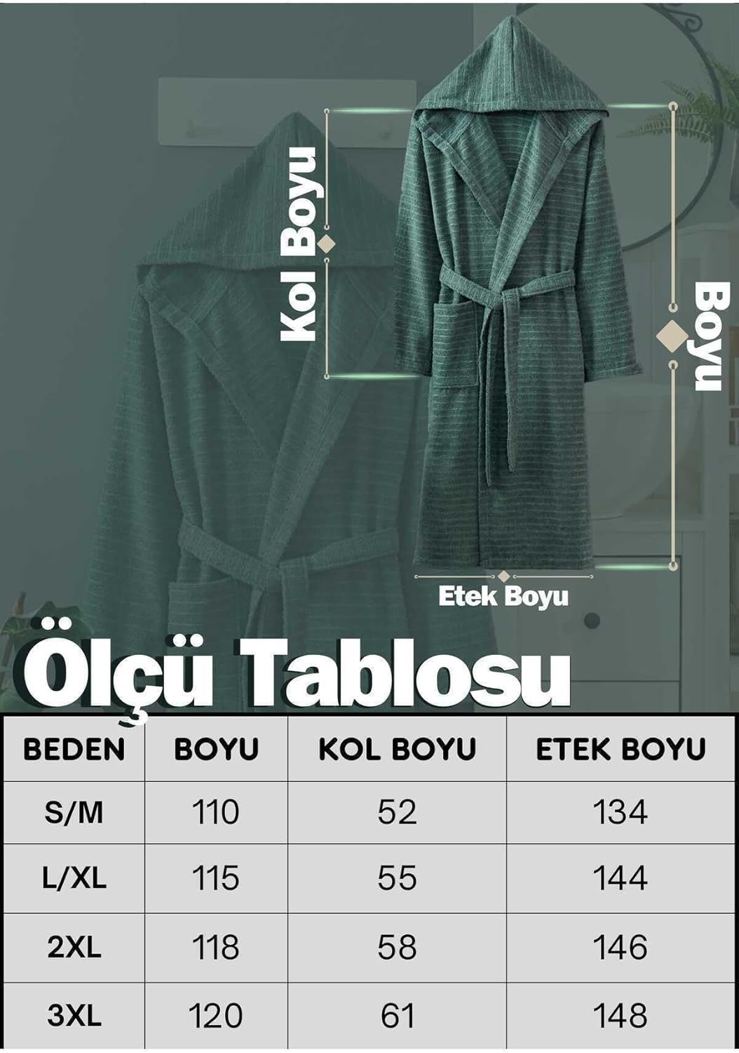 Kapüşonlu Bornoz Pamuk | Unisex | Yumuşak Dokulu | Cepli & Kemerli | S/M – 3XL | Ölçü Tablolu