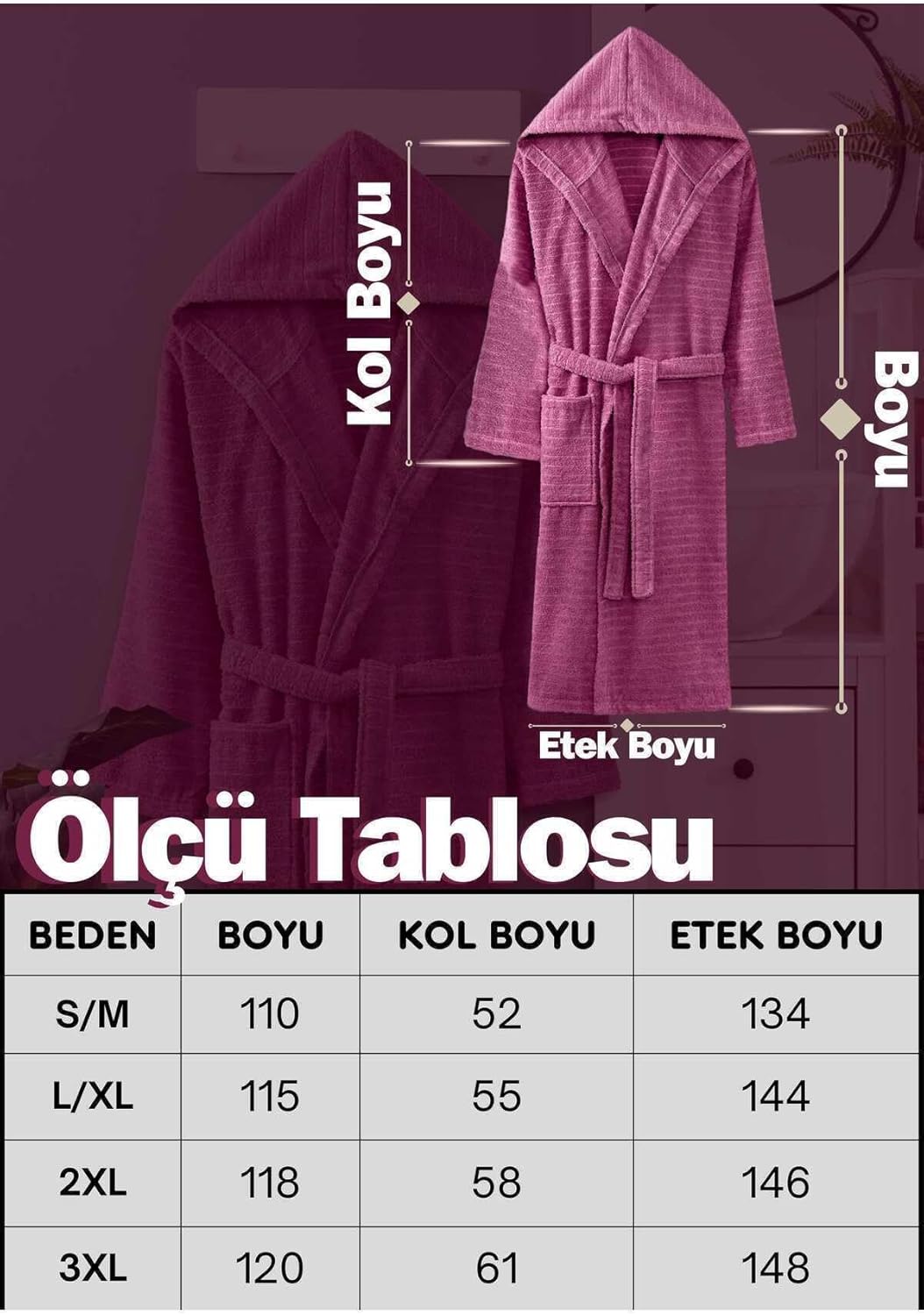 Kapüşonlu Bornoz Pamuk | Unisex | Yumuşak Dokulu | Cepli & Kemerli | S/M – 3XL | Ölçü Tablolu