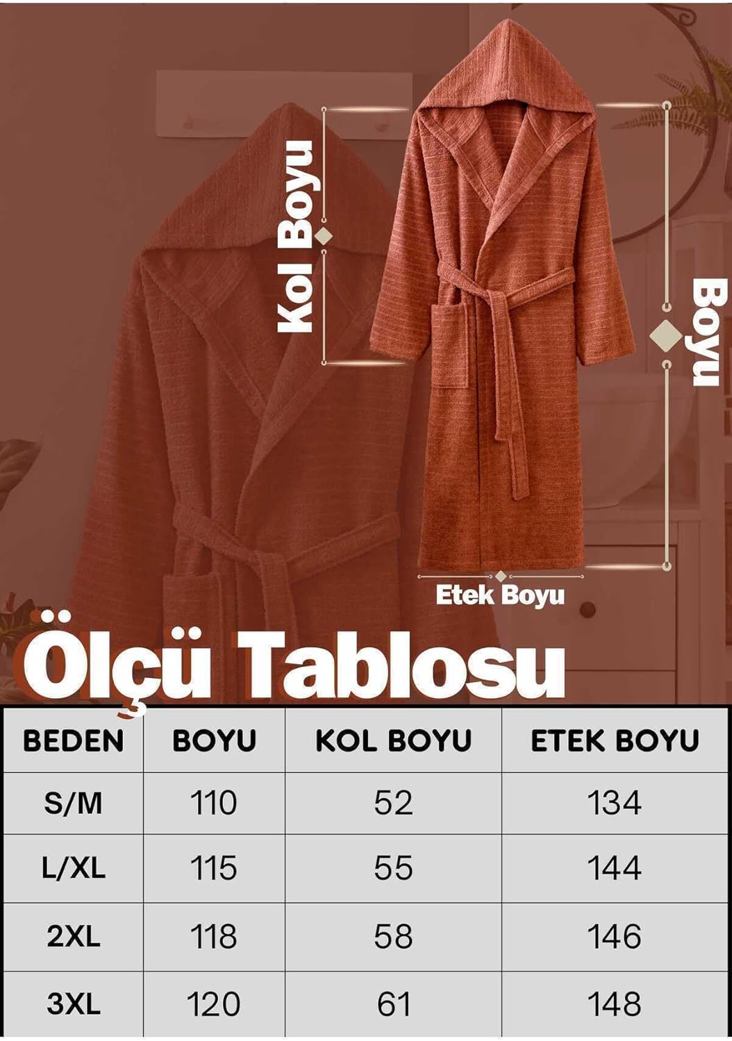 Kapüşonlu Bornoz Pamuk | Unisex | Yumuşak Dokulu | Cepli & Kemerli | S/M – 3XL | Ölçü Tablolu