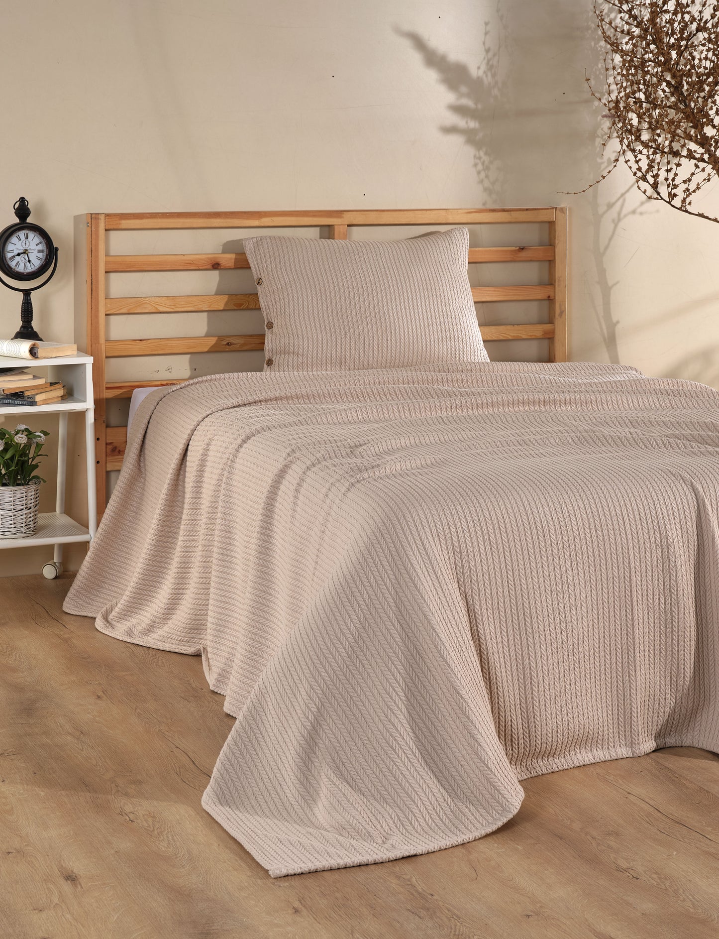 Cottonest Bej Çift Kişilik Pike Seti 220x240 | 2 Yastık Kılıfı