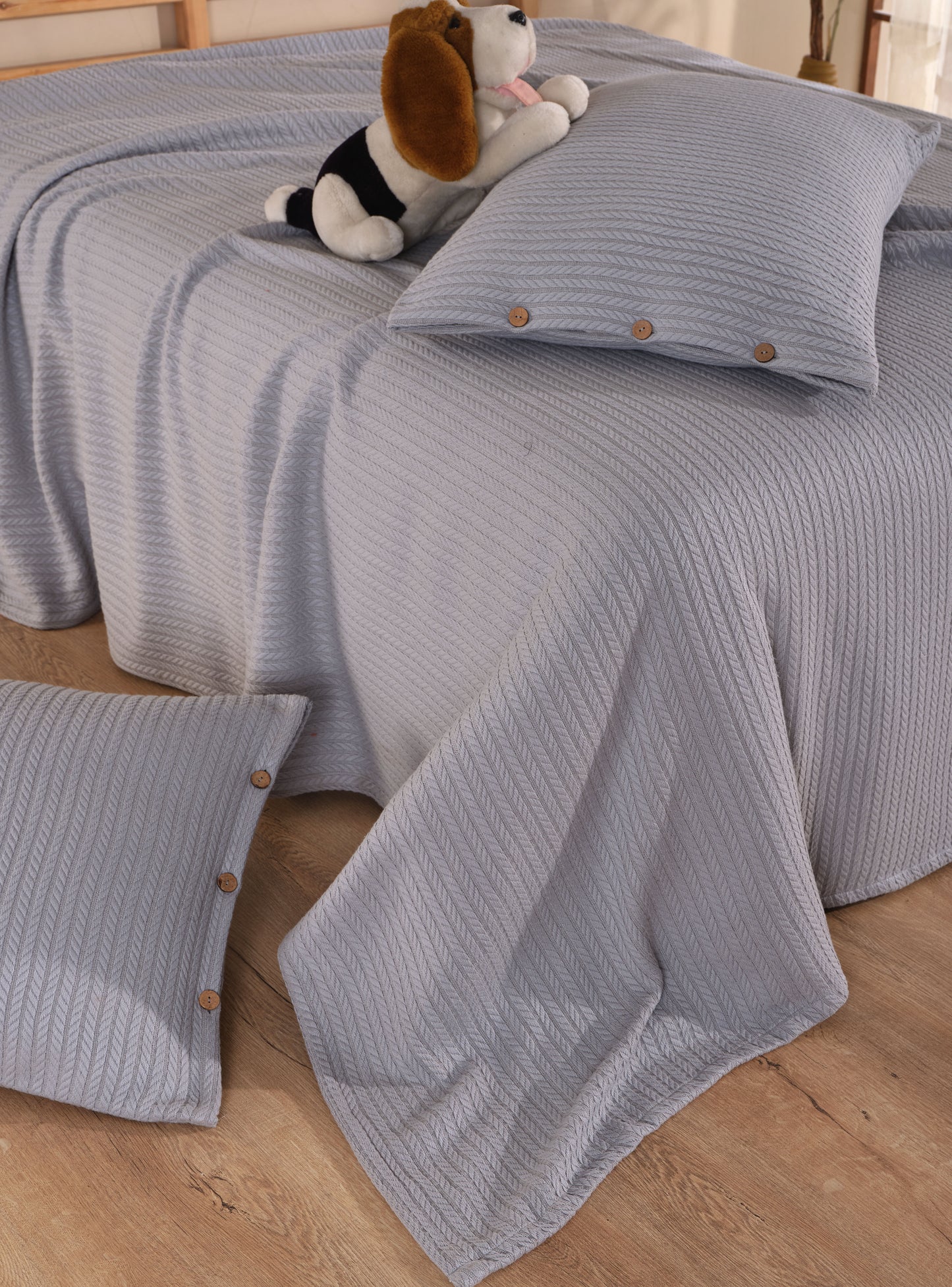 Cottonest Saç Örgü Desen  Pike Seti 220x240 | Düğmeli Yastık Kılıfı