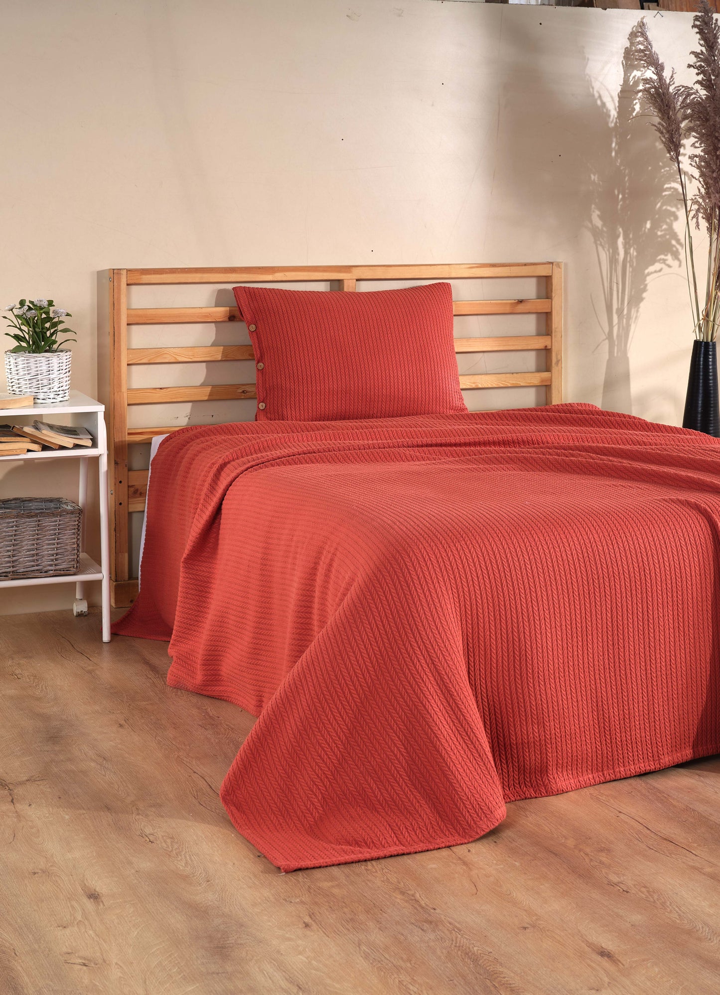 Cottonest Saç Örgü Desen  Pike Seti 220x240 | Düğmeli Yastık Kılıfı