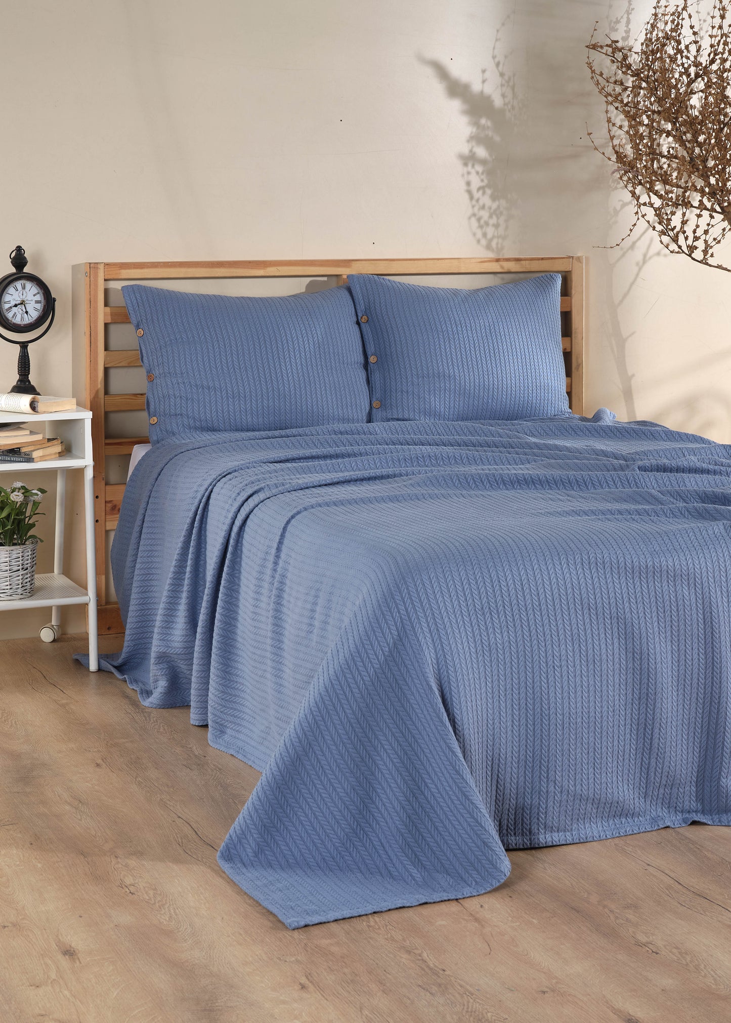 Cottonest Saç Örgü Desen  Pike Seti 220x240 | Düğmeli Yastık Kılıfı